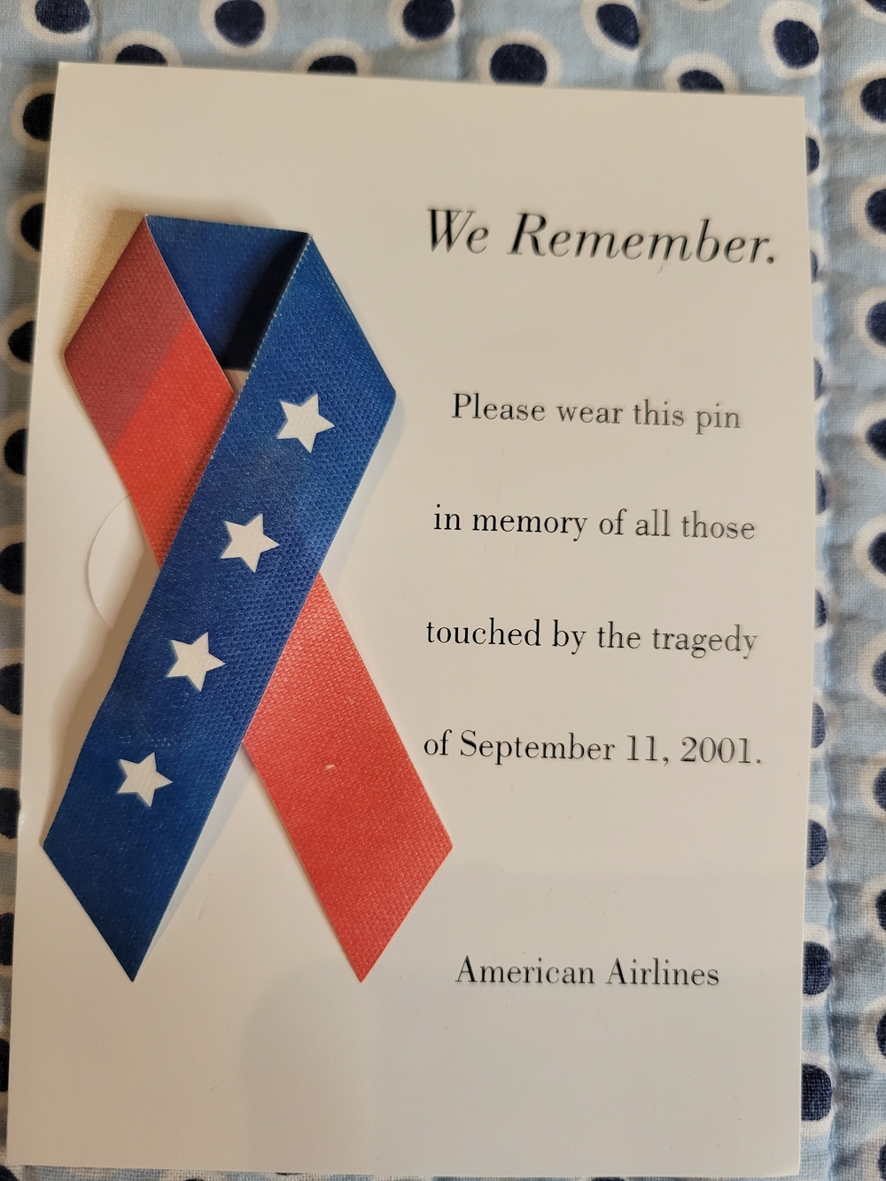 American Greetings Red and Blue Memorial Ribbon Pin